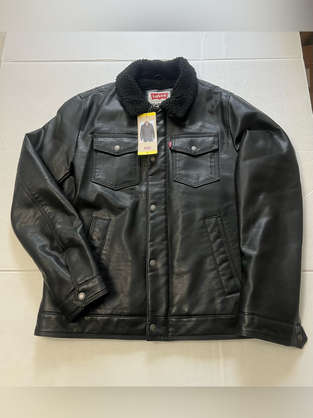 Levi's Black Faux Leather Sherpa-Collar Bomber Jacket